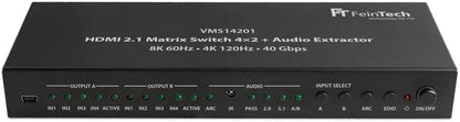 FeinTech VMS14201 HDMI 2.1 Matrix Switch 4 x 2 Schakelaar 4K 120Hz 8K Ultra HD 4 in 2 Out Audio Extractror ARC Toslink SPDIF Downscaler voor Xbox PS5 TV Monitor HDR VRR 40Gbps