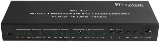 FeinTech VMS14201 HDMI 2.1 Matrix Switch 4 x 2 Schakelaar 4K 120Hz 8K Ultra HD 4 in 2 Out Audio Extractror ARC Toslink SPDIF Downscaler voor Xbox PS5 TV Monitor HDR VRR 40Gbps