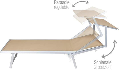 VERDELOOK Strandstoel met zonnedak, frame van aluminium, bespanning van textiel, 186 x 61 x 38 cm, zandkleurig