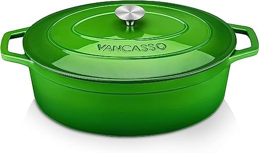 Vancasso Cast Iron Pan, Bread Bins, 8 Litres, Diameter 37 cm, Enamel Pan, Induction, Stewpan, Casserole for Gas Stove, Ceramic Hob, Induction/Oven, Large, Dutch Oven, Green - QUORE