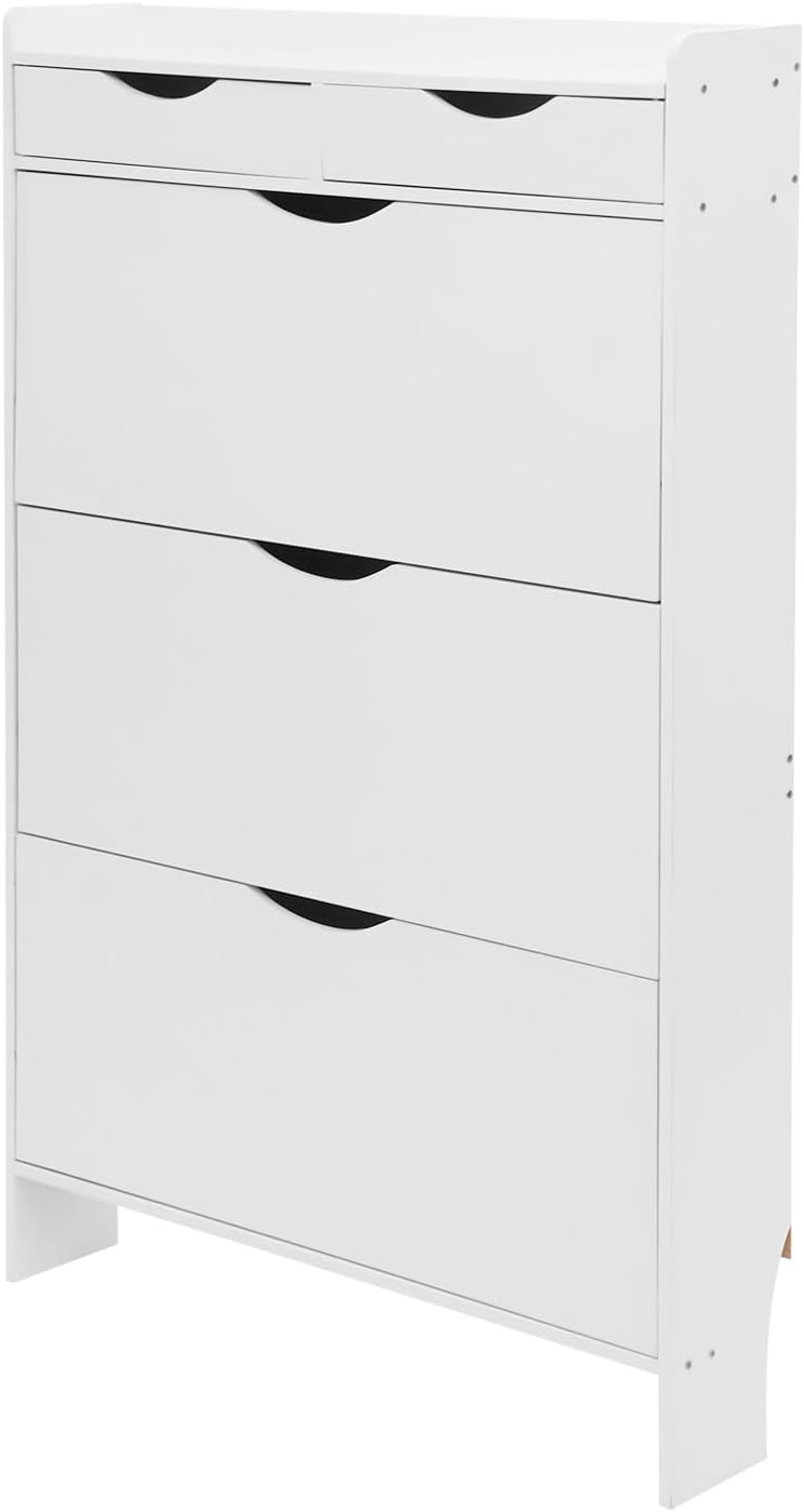 Shoe cabinet with 3 flaps, 80 x 17 x 125 cm, white, shoe rack, shoe cabinet, narrow, 15 kg, load capacity with two cupboards - QUORE