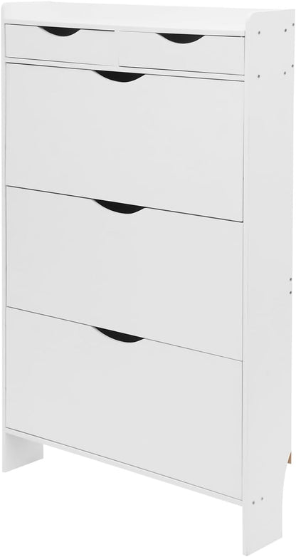 Shoe cabinet with 3 flaps, 80 x 17 x 125 cm, white, shoe rack, shoe cabinet, narrow, 15 kg, load capacity with two cupboards - QUORE