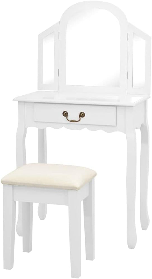 Kaptafel – Make-Up Tafel – Make-Up Meubel – Schminktisch – Dressing Table – Paulowniahout & MDF – Inclusief Krukje en Ovale Spiegel – Compact 65x36x128 cm – Roze