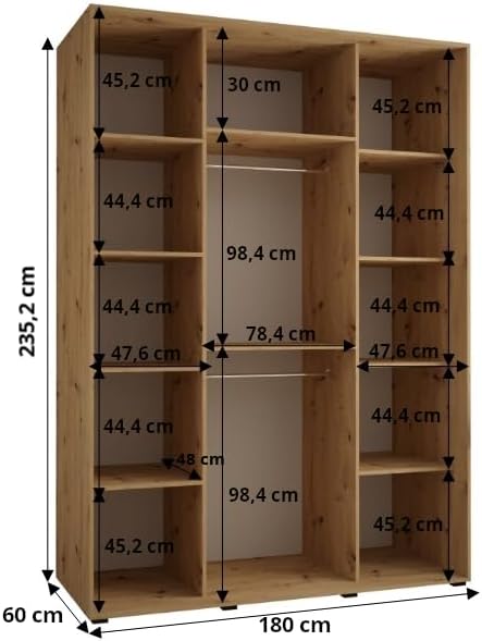 MEBLE KRYSPOL Lanko 2 Wardrobe with Three Sliding Doors with Mirror, Rod, Shelves - Modern Storage Cabinet for Bedroom, Living Room - 235x180x60cm - Craft Black - QUORE