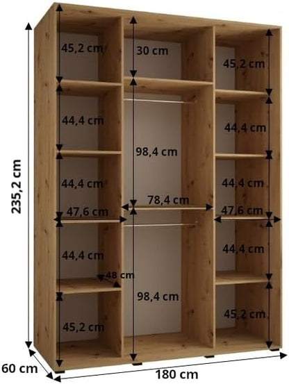 MEBLE KRYSPOL Lanko 2 Wardrobe with Three Sliding Doors with Mirror, Rod, Shelves - Modern Storage Cabinet for Bedroom, Living Room - 235x180x60cm - Craft Black - QUORE