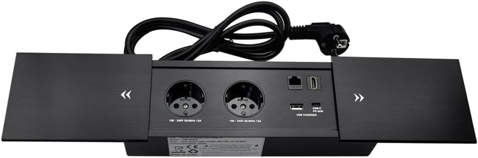 Connectiviteits-box, conferentietafel, power box met 2 stopcontacten + 1 USB-A en type C-oplader + 1 CAT6+ 1 HDMI/USB-C gegevens (zwart) (sliding)