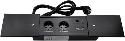 Connectiviteits-box, conferentietafel, power box met 2 stopcontacten + 1 USB-A en type C-oplader + 1 CAT6+ 1 HDMI/USB-C gegevens (zwart) (sliding)