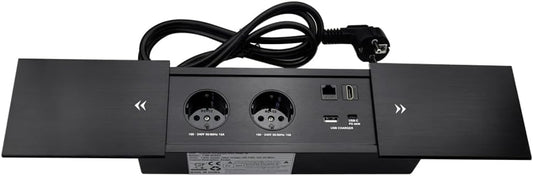 Connectiviteits-box, conferentietafel, power box met 2 stopcontacten + 1 USB-A en type C-oplader + 1 CAT6+ 1 HDMI/USB-C gegevens (zwart) (sliding)