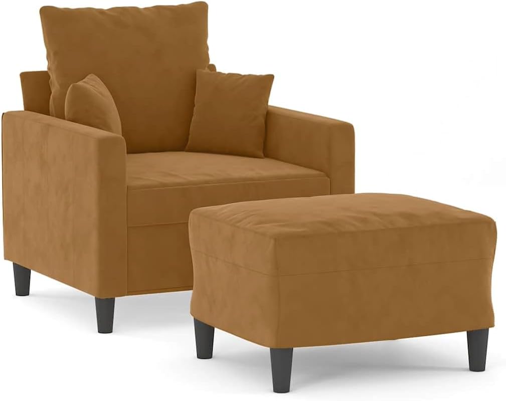 Fauteuil met kruk bruin 60 cm fluwelen gestoffeerde stoel relaxstoel comfortabel ontspannen robuust frame woonkamer zitgelegenheid modern design