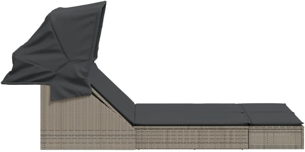 Double Sun Lounger with Retractable Canopy and Grey Polyrattan Outdoor Cushions Adjustable Backrest, Weatherproof and UV Resistant Material - QUORE