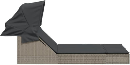 Double Sun Lounger with Retractable Canopy and Grey Polyrattan Outdoor Cushions Adjustable Backrest, Weatherproof and UV Resistant Material - QUORE