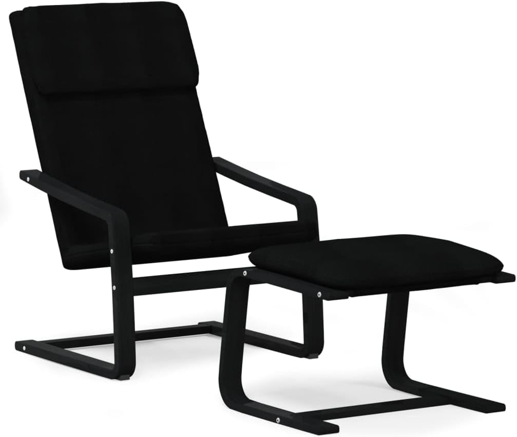 Relaxstoel – Poef – Tv-Stoel – Ligstoel – Enkele Stoel – Zwarte Ademend Stof – Massief Berkenhout Frame