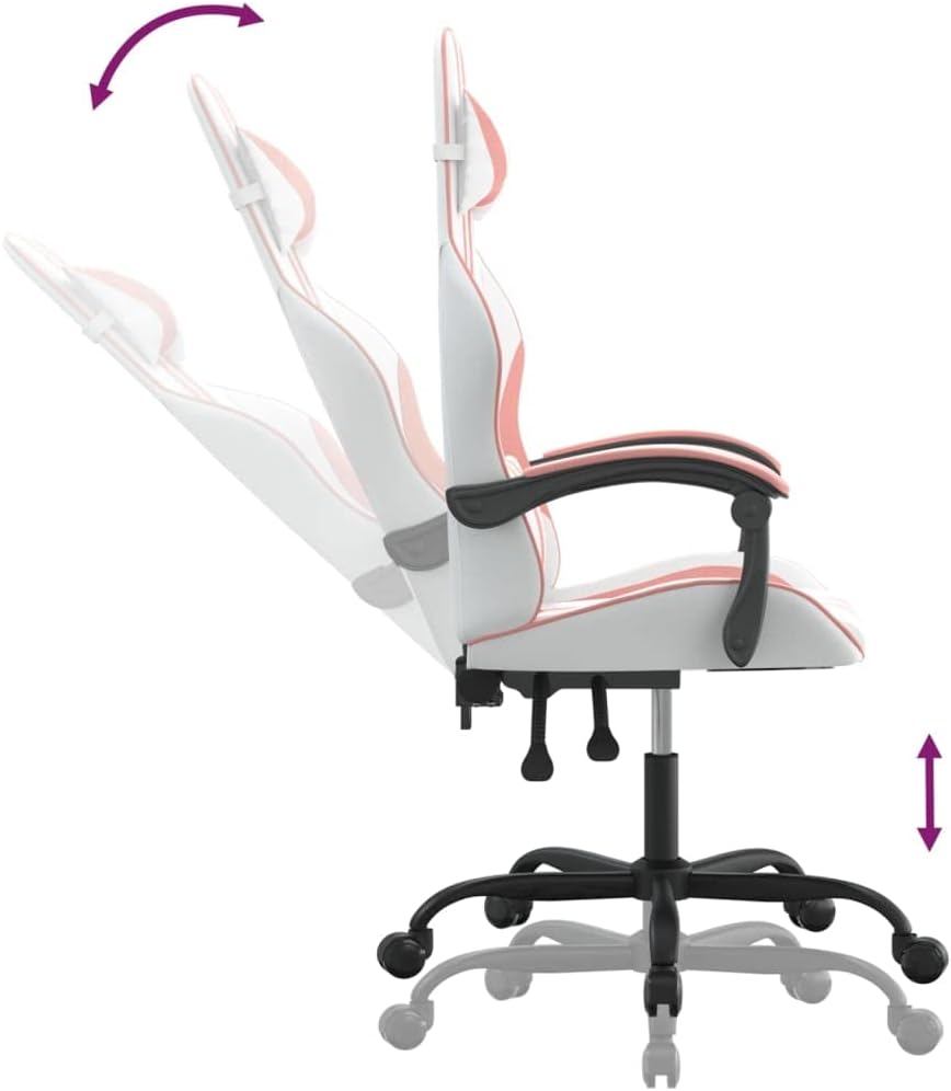 Gamingstoel – Bureaustoel – Gamestoel – Draaistoel – Kunstleren Stoel – Verstelbare Rugleuning – Massagepunt in Lendensteun – Wit/Roze