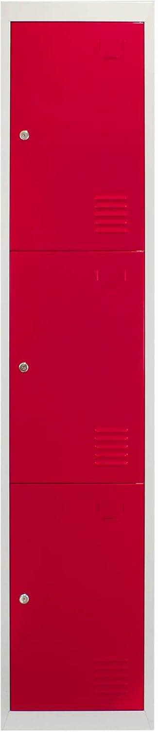 Monster Shop 3 x Red 3 Door Metal Storage Lockers, Blue & Grey Steel Lockable Unit, Gym Dressing Room School Staff Locker - QUORE