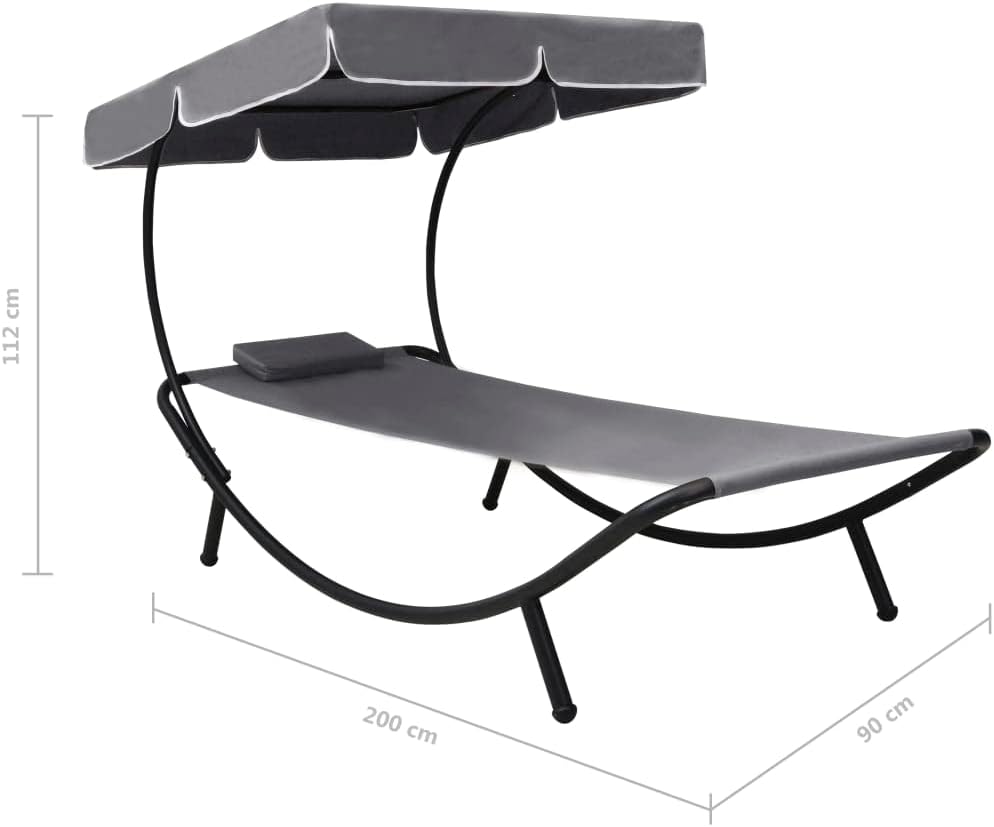 Sunbath, Outdoor Lounger with Awning and Cushion, Grey, Recliner Chair, Beach Lounger, Relax Chair for Garden, Patio, Balcony, Camping - QUORE