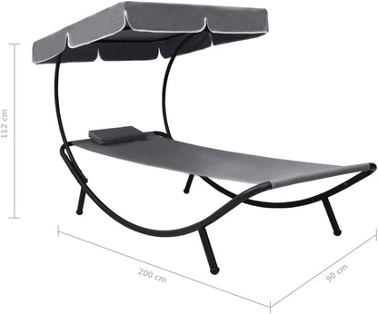 Sunbath, Outdoor Lounger with Awning and Cushion, Grey, Recliner Chair, Beach Lounger, Relax Chair for Garden, Patio, Balcony, Camping - QUORE