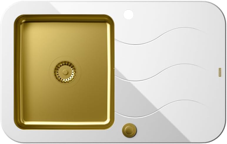 QUADRON spoelbak glazen spoelbak keuken | afmeting 78 x 50 x 19 cm, kleur: PVC Golden | GLEN 211 gehard glas gootsteen | inbouwspoelbak met kraangat enkele gootsteen keukenspoelbak roestvrij staal