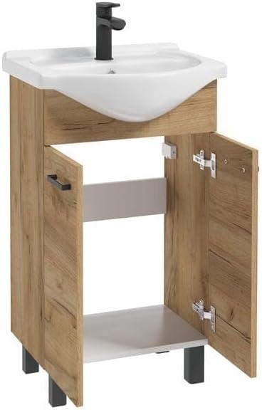 Domodomo Bathroom Cabinet with Washbasin 85 x 50 x 41 cm Freestanding Bathroom Cabinet and Base Cabinet Oak 50 cm, Elegant Set with Fixture Black Matt, Click-Clock-Stopfen, Siphon - QUORE
