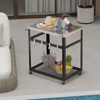 Grilltafel voor buiten, serveerwagen met 2 planken, 4 wielen, handvat en 4 haken, pizzatafel, bijzettafel, grillwagen voor achtertuin, terras (2 planken)