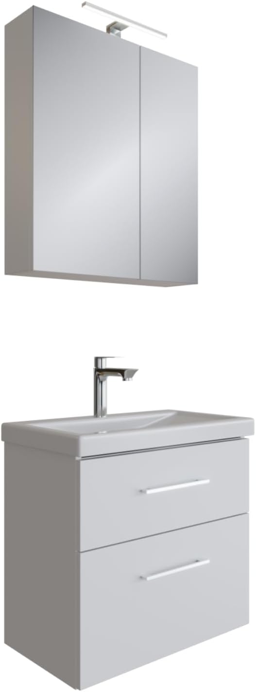 Planetmöbel Bathroom Furniture Set Sink with Bathroom Furniture 63 x 60 x 36.5 cm, Mirror Cabinet 60 cm with LED Lighting (Matt Black) & Socket, Modern Bathroom Furniture, White - QUORE