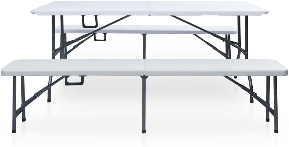 Lounge tuinmeubelset balkon meubelset tuinlounge set inklapbare tuintafel met 2 banken 180 cm staal en HDPE wit - QUORE