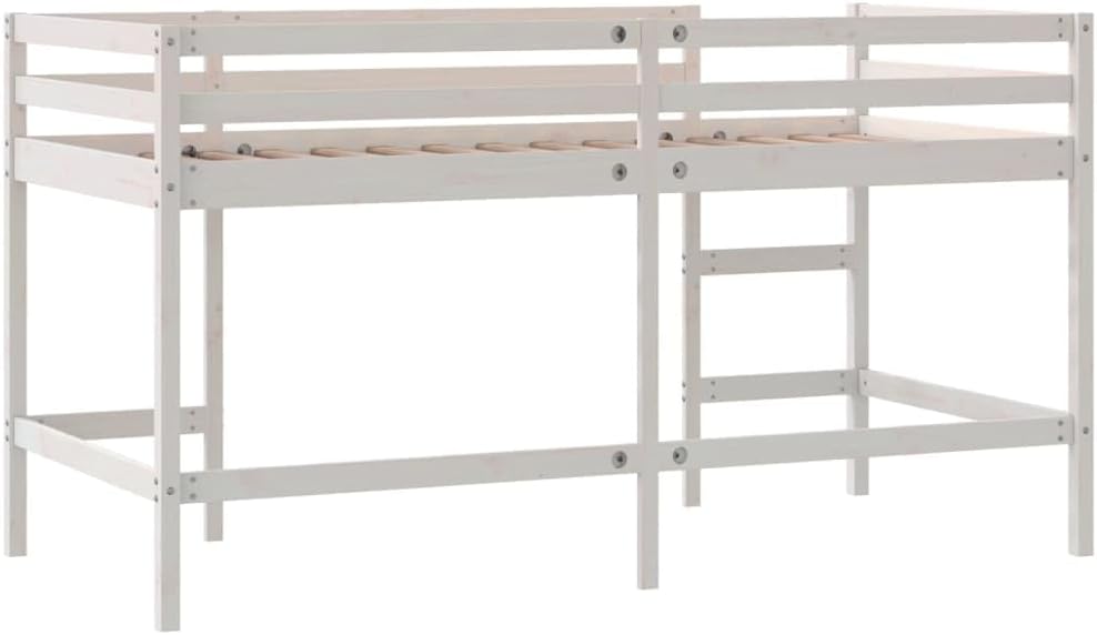 vidaXL Kinderhoogslaper met ladder 90x200 cm massief grenenhout wit, kinderbedframe, peuterbed, junior bed, kinderbed, peuter bed, halfhoogslaper