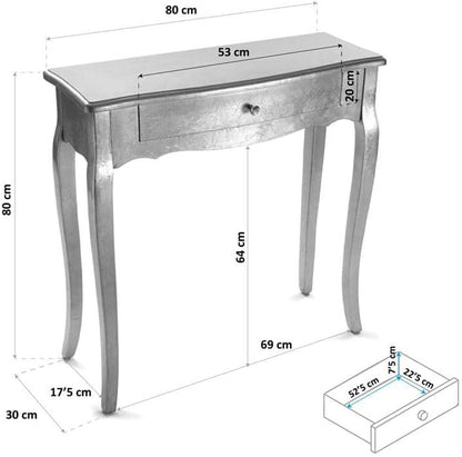 Versa Cagliari Smalle hal of vestibule Entree hal meubilair, Console Tafel, met 1 lade, Afmetingen (H x B x H) 80 x 30 x 80 cm, Hout, Kleur Zilver