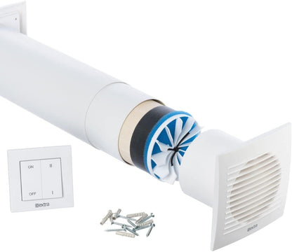 Decentrale Ventilatie Unit 100 mm met Warmteterugwinning – WTW Unit – Muurventilator – Badkamer Ventilator – Ventilatiesysteem – Keramische Warmteterugwinning – Bedrade Wandschakelaar