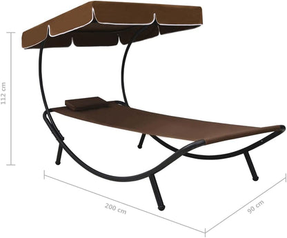 Sunbath, Outdoor Lounger with Sun Canopy and Cushion, Brown, Reclining Chair, Beach Lounger, Relax Chair for Garden, Patio, Balcony, Camping - QUORE
