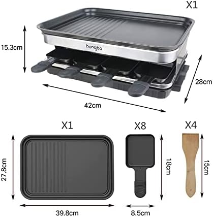 Raclette Raclette Grill 4 6 8 Personen Elektrische Fondue-machine, 1500 W, met anti-aanbaklaag, handgrepen, 8 mini-pannen, 4 houten spatel