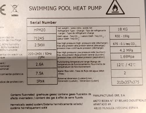 Gré HPM40 Mini Heat Pump for Above Ground Pools up to 40 m3, Black HPM40