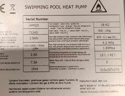 Gré HPM40 Mini Heat Pump for Above Ground Pools up to 40 m3, Black HPM40