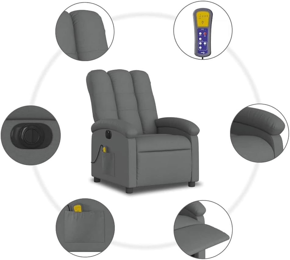 Massagestoel – Elektrische Massagestoel – Relaxstoel – Televisiestoel – Stoel Met Ligfunctie – Donkergrijs Stof – 6-Punts Vibratiemassage – Elektrisch Kantelsysteem Tot 135 Graden