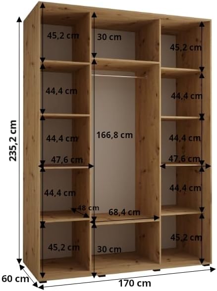 MEBLE KRYSPOL Dakota 11 Wardrobe with Three Sliding Doors - Modern Wardrobe with Mirror, Clothes Rod and Shelves - 235x170x60cm - CashmereSilver - QUORE
