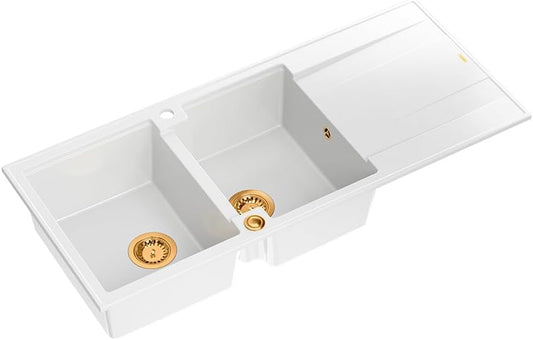 QUADRON Dubbele spoelbak wit, EVAN 121 GraniteQ, keukenspoelbak, 2 granieten bakken 1160 x 500 x 210 mm, open spoelbak Push 2 met sifon met afdruiprek, PVD-koperen elementen