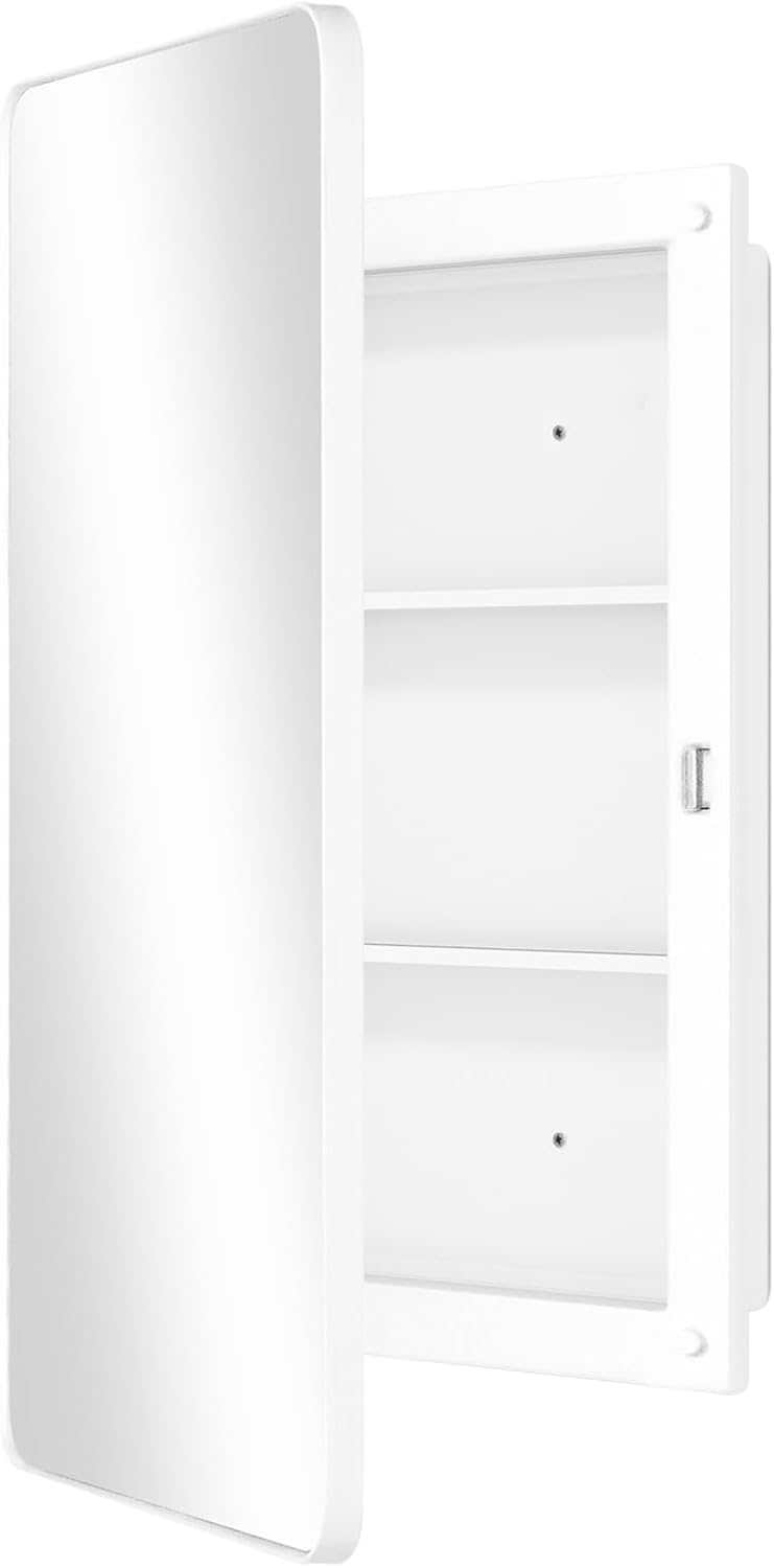 Fundin Kunststof spiegelkast met ronde hoekdeur, verzonken en opbouwmontage, wit, 40 x 61 cm