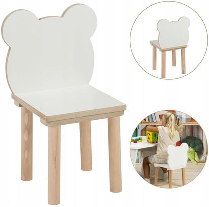 Kindertafel met 2 stoelen, set van 50 x 60 x 47 cm, van hout, beren- en konijnendesign, zitgroep kinderen, kinderkamermeubels