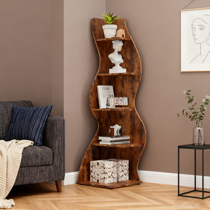 Boekenplank – Boekenkast – Wandplank – Boekenrek – Opbergrek – Golvend Modern Design – 5 Ruime Planken – Massief Hout & MDF – Vrijstaand Retro Bruin