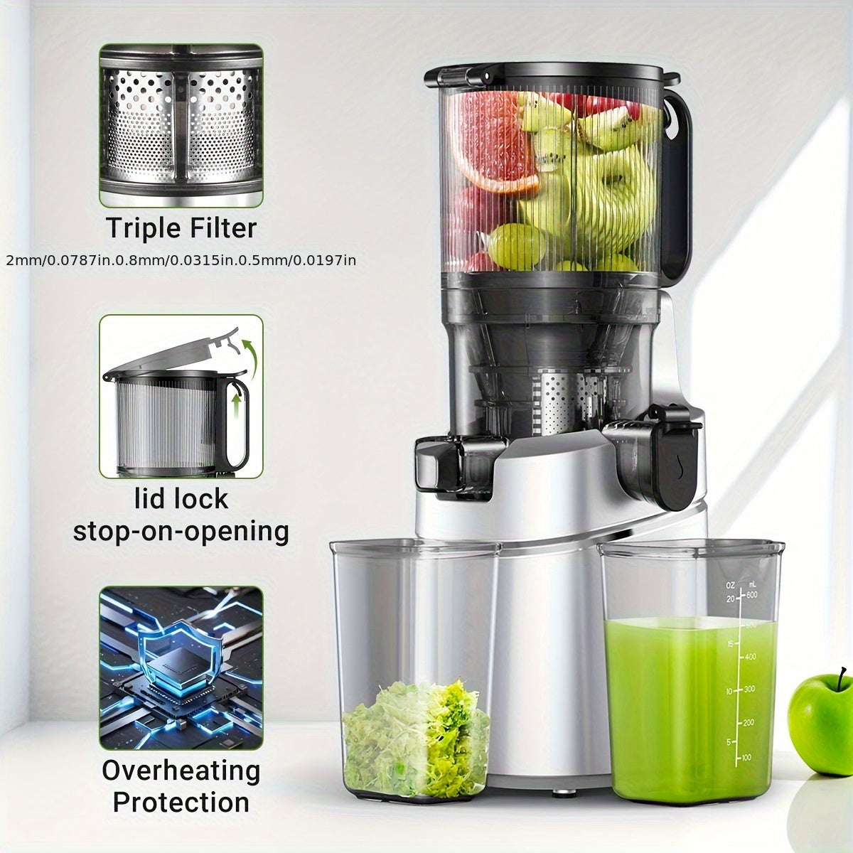 Slowjuicer – Langzame Juicer – Sapcentrifuge – Fruitpers – Groentepers – Ruime Vulopening 135 Mm – Grote Inhoud 1,8 Liter - Zilver