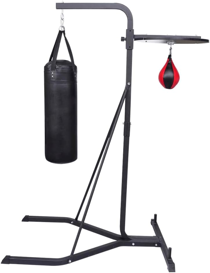 Dubbele Bokszakstandaard – Bokszakstatief – Speedballhouder – Bokstrainingstation – Bokszakhouder – Robuust Metaal-Hout Frame – 360° Draaibare Speedball