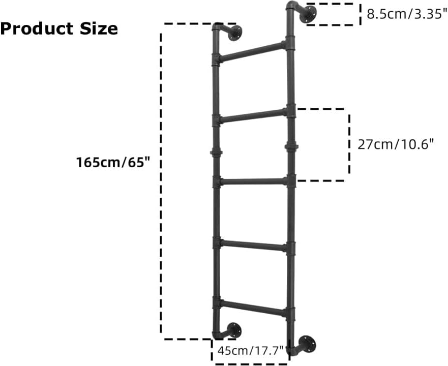 5-Treedage Stapelbedladder, 1,65×0,46M Muurmontage Kelderraamput Egress, Zwart Smeedijzeren Industriële Pijp Stap Belastingen 150kg, Binnen Buiten Metaal voor Zolder Loft Slaapzaal RV Dek Muur(1,65M