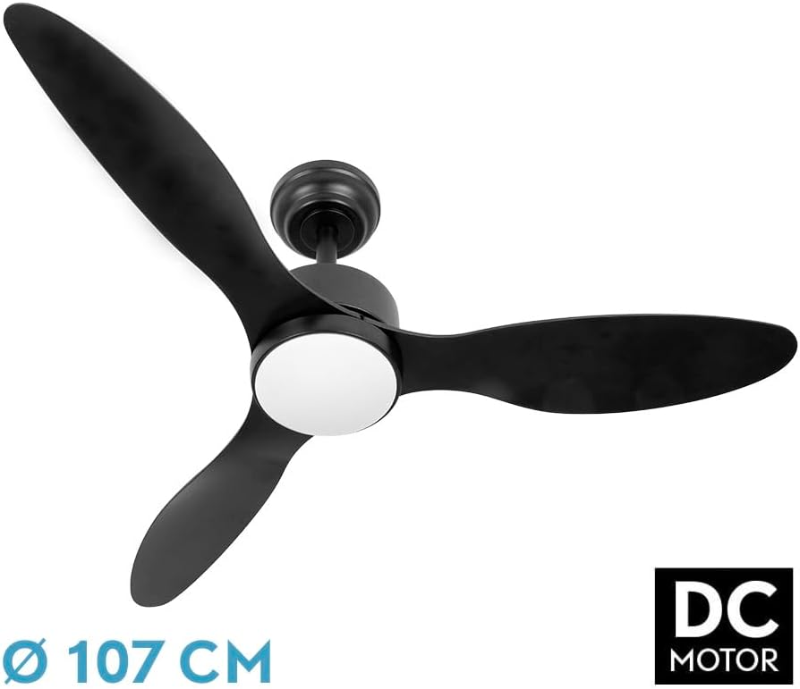 Abrila Ventilator DC Serpa, zwart met drie vleugels, met 6 instelbare snelheden, met 3 lichttemperaturen, timer en dimmer, afstandsbediening inbegrepen