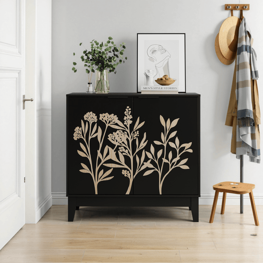Opbergkast – Vintage Sideboard – Dressoir – Kast – Vitrinekast – Zwart – 80 cm Breed – Handgesneden Bloemmotief – Verstelbare Planken – Vrijstaand – Duurzaam Materiaal