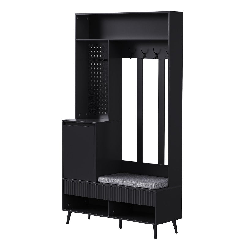 Coat Rack Entryway Hallway Storage Organizer with Shoe Bench 4 Hooks 2 Drawers 1 Door Cabinet for Home Black 100x35x180cm, Shoe Rack with Bench And Coat Hanger
