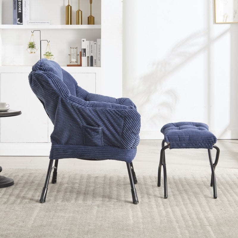 Fauteuil – Lazy Chair – Lounge Chair – Zitstoel – Relaxfauteuil – Navy Blauw – Met Ottoman & Zijvak – Stalen Frame & Flanellen Bekleding