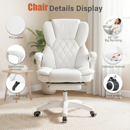 Ergonomische Bureaustoel – Bureaustoel Met Voetensteun – Kantoorstoel – Draaistoel – Gamingstoel – Memory Foam Zitting – Verstelbare Kantelbare Rugleuning – Wit