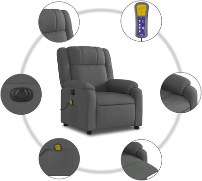 Elektrische relaxstoel met 6-punts massage, donkergrijze stof, trillingsfunctie en USB-bediening, stabiele structuur van hout en metaal, zijzak