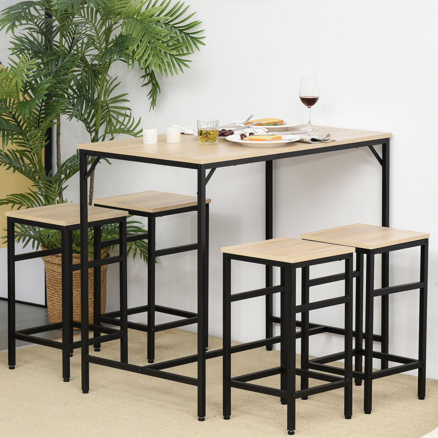 Bartafelset – Barkrukken – Eettafelset – Bistoeltafel – Keukentafel – 5-delig – Industrieel Design – Melamine Tafelblad – Zwart Stalen Frame – Compact 100x60x88 cm