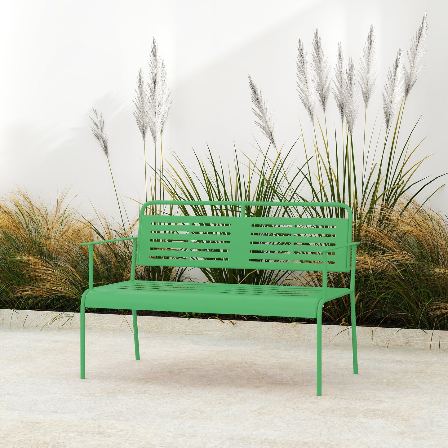 Tuinbank – Buitenbank – Balkonbank – Terrasbank – Verandabank – Stalen Tuinbank – Weerbestendig – 121x64x84 cm – Groen – Met Armleuningen en Rugleuning