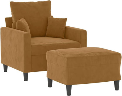 Fauteuil met kruk bruin 60 cm fluwelen gestoffeerde stoel relaxstoel comfortabel ontspannen robuust frame woonkamer zitgelegenheid modern design